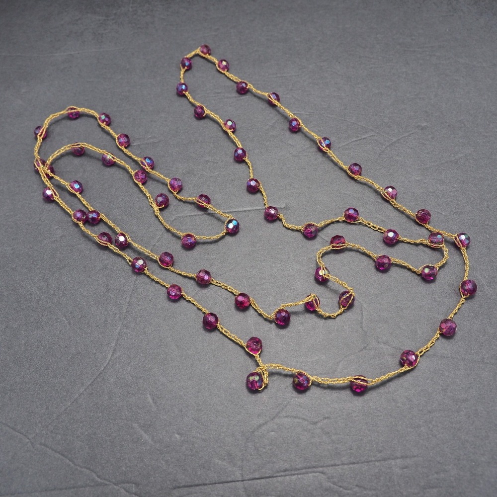 Endless Station Necklace Womens AB Purple Beaded Gold Metalic Cord Layering 64" - Picture 7 of 7